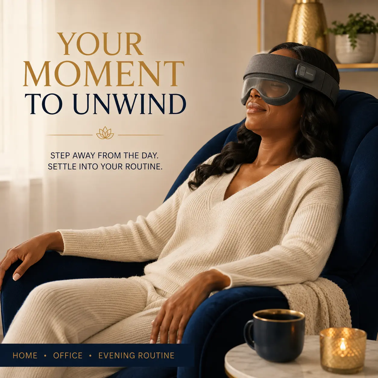 Nictiva Head Massager worn during a quiet moment at home