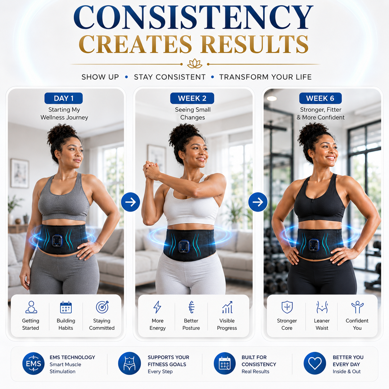 Consistency creates results: Day 1, Week 2 and Week 6 wellness journey with the Nictiva Smart EMS Waist Belt