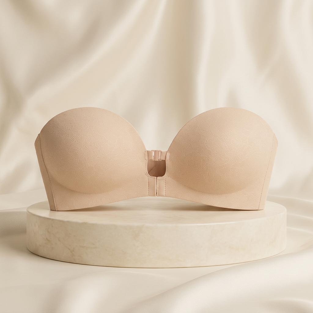 Nude strapless front-clasp bra on an ivory pedestal